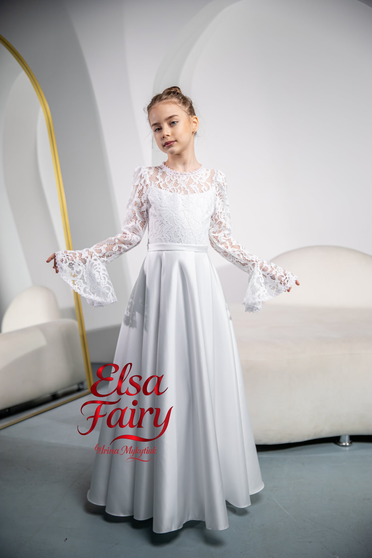 White First Communion Dress: Handmade Baptism Gown with satin skirt and laced bodice
