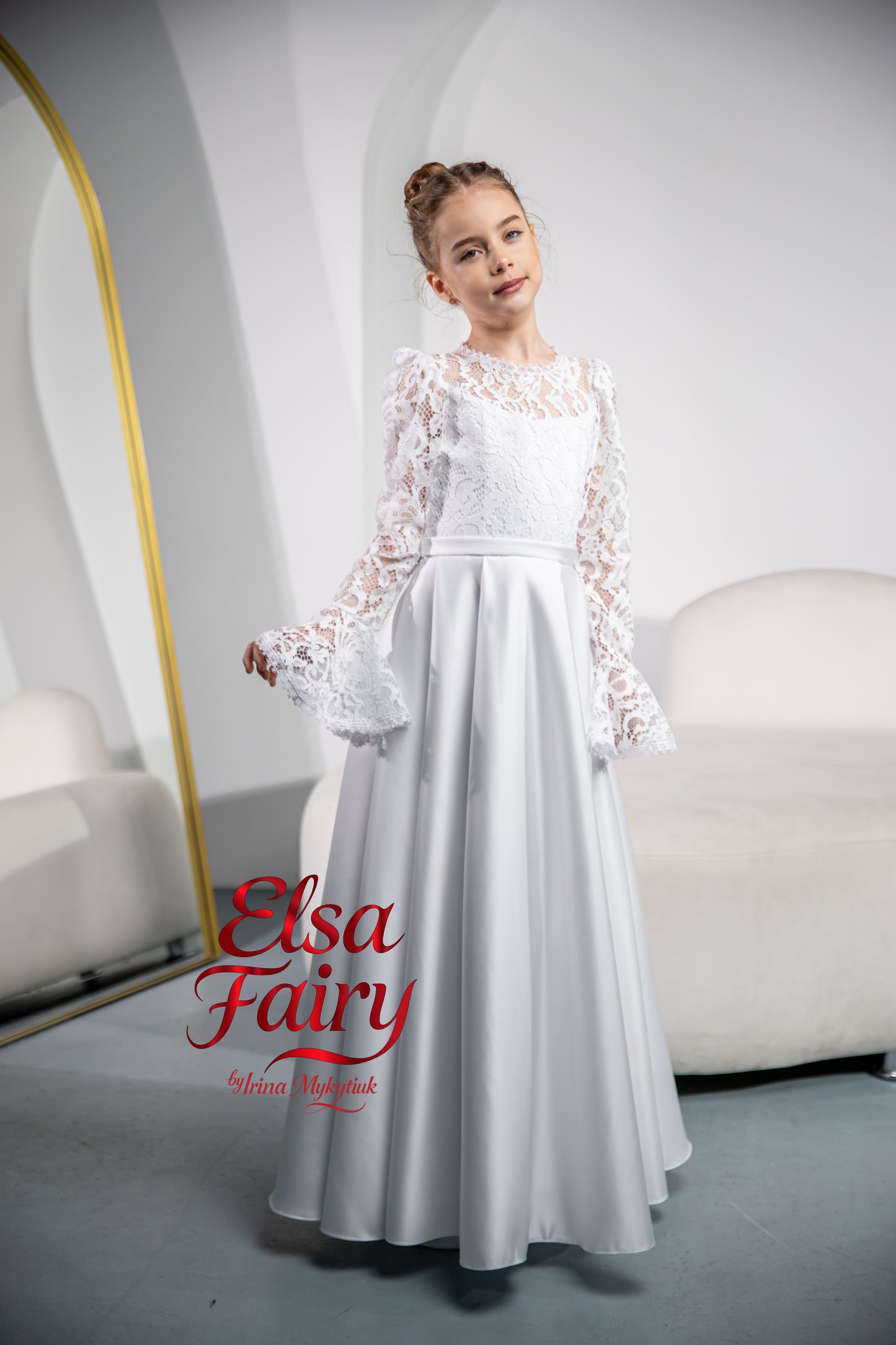 White First Communion Dress: Handmade Baptism Gown with satin skirt and laced bodice