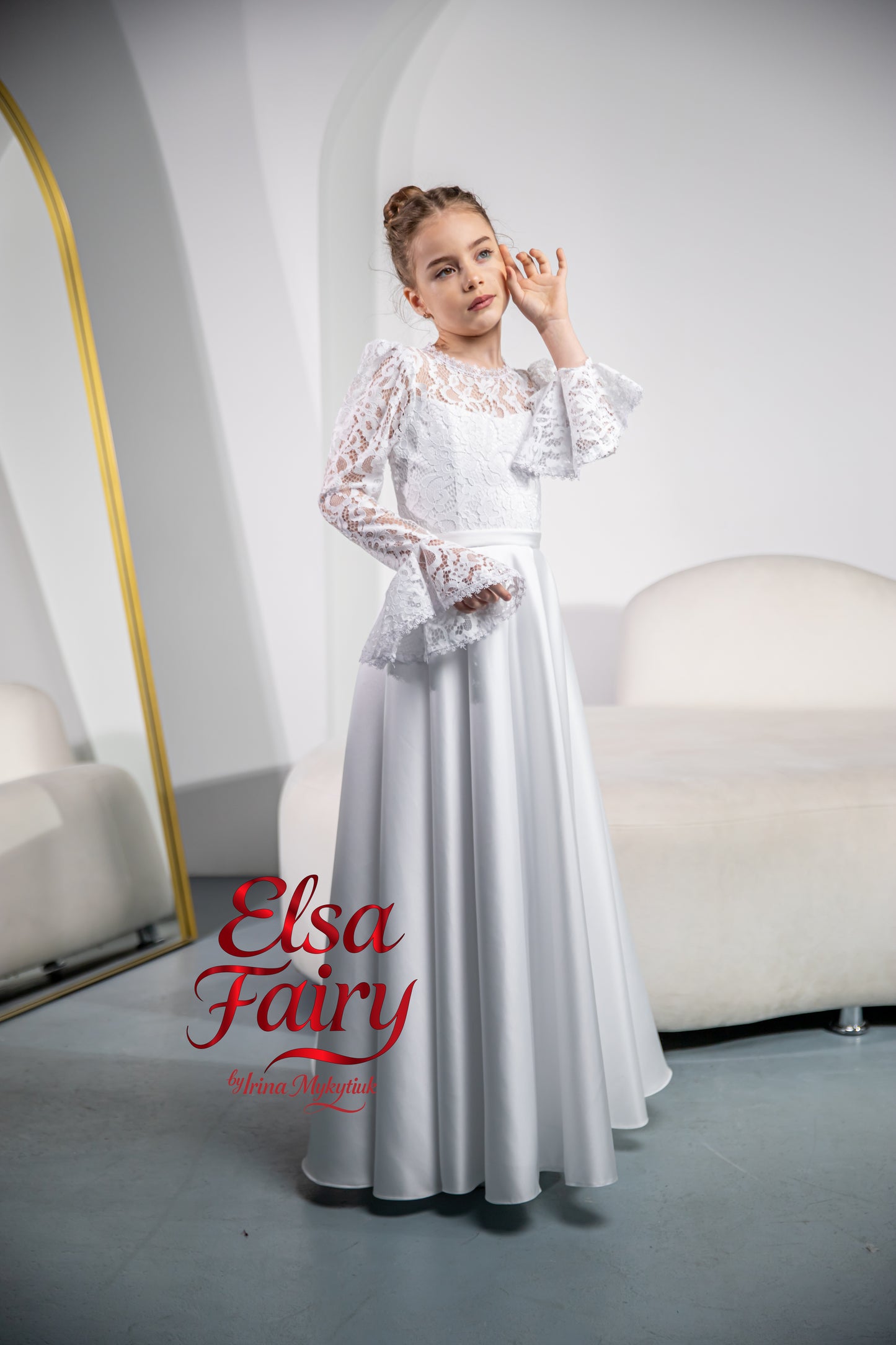 White First Communion Dress: Handmade Baptism Gown with satin skirt and laced bodice