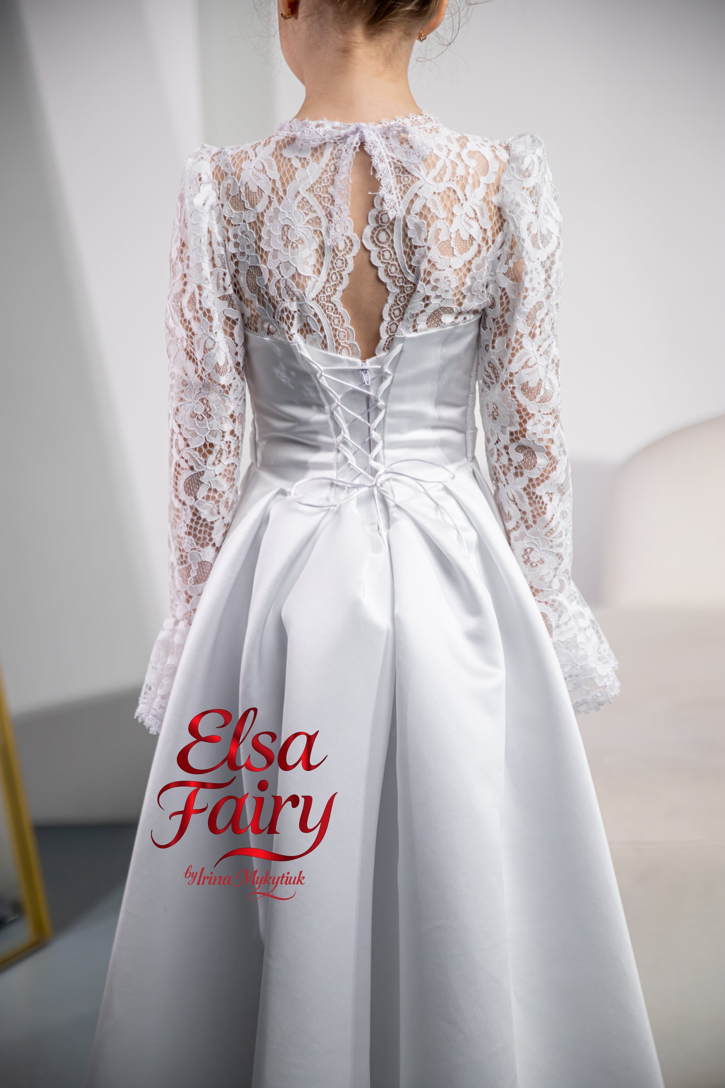 White First Communion Dress: Handmade Baptism Gown with satin skirt and laced bodice