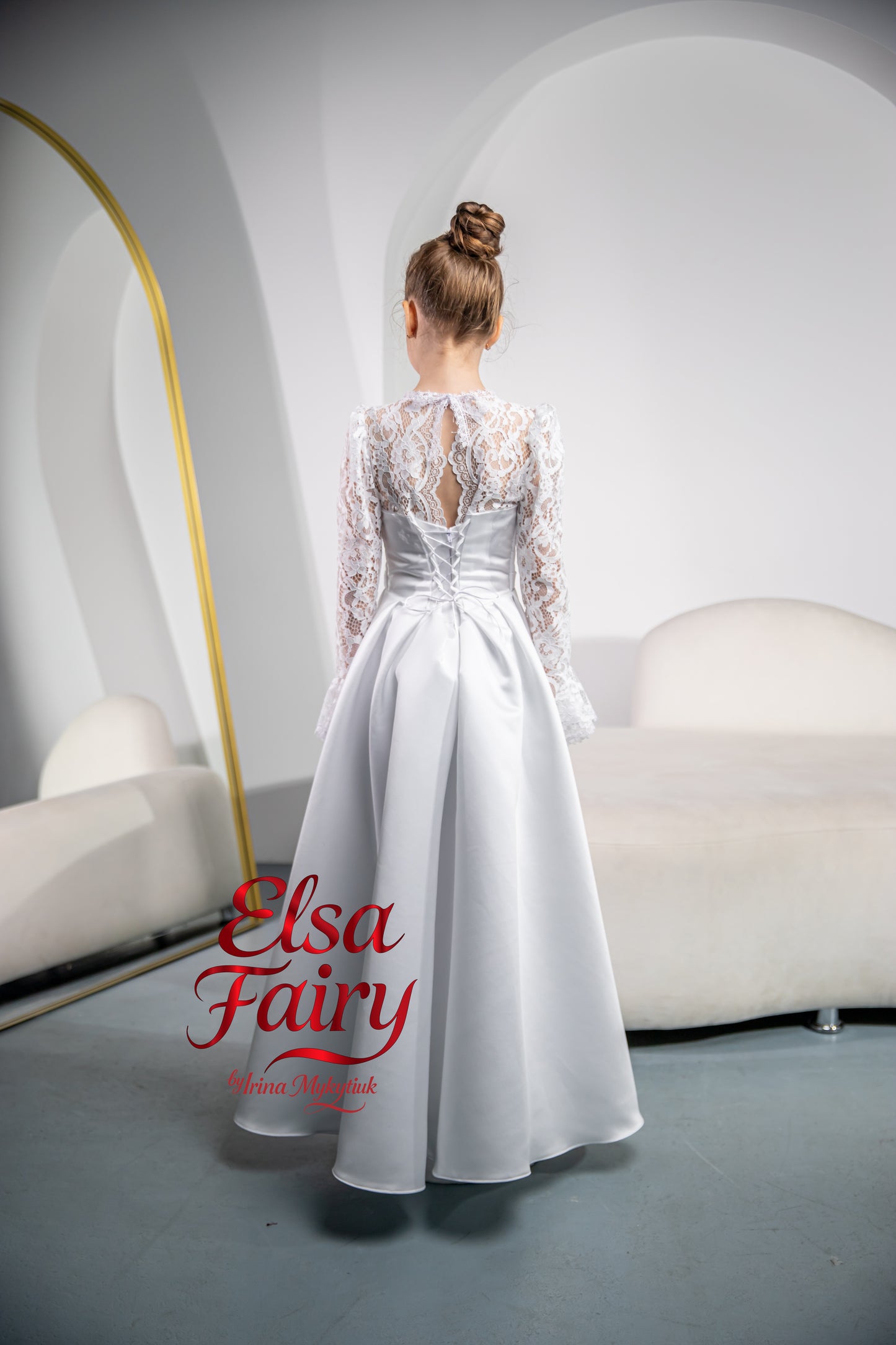 White First Communion Dress: Handmade Baptism Gown with satin skirt and laced bodice