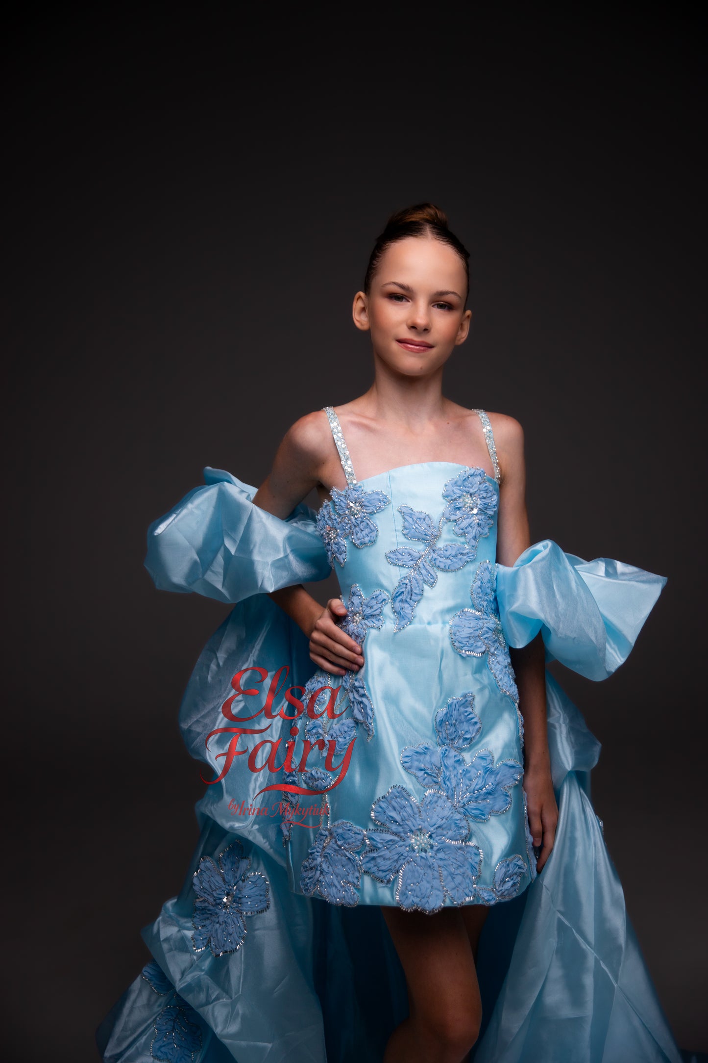 Blue organza cocktail dress with cape, Pageant interview gown, Birthday Girl Dress, Flower Girl Dress, Wedding guest Dress