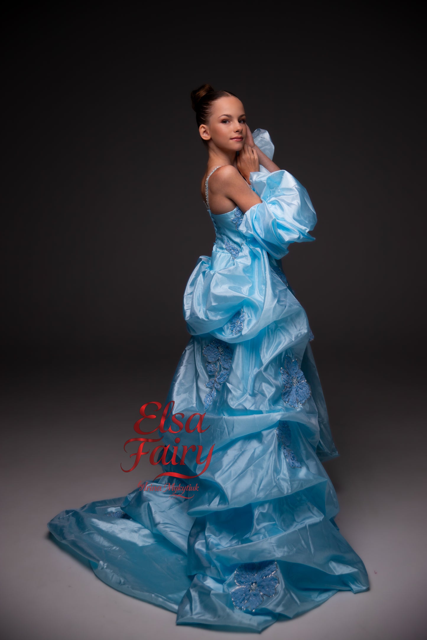 Blue organza cocktail dress with cape, Pageant interview gown, Birthday Girl Dress, Flower Girl Dress, Wedding guest Dress