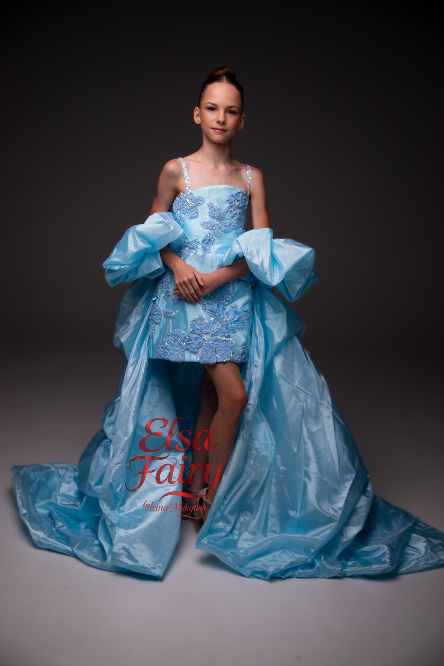 Blue organza cocktail dress with cape, Pageant interview gown, Birthday Girl Dress, Flower Girl Dress, Wedding guest Dress