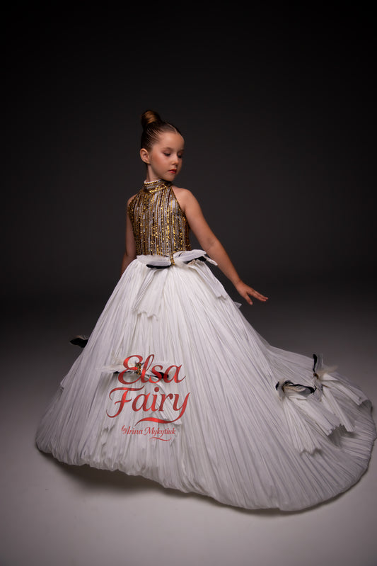 White Gold Exclusive Ball Gown: Handmade Formal Dress with Detachable Sleeves