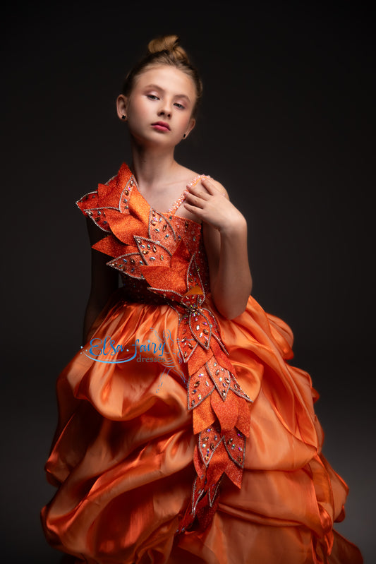 Orange couture special occasion dress, Pageant ball gown, Birthday Girl Dress, Flower Girl Dress, Wedding guest Dress, junior bridesmaid gown