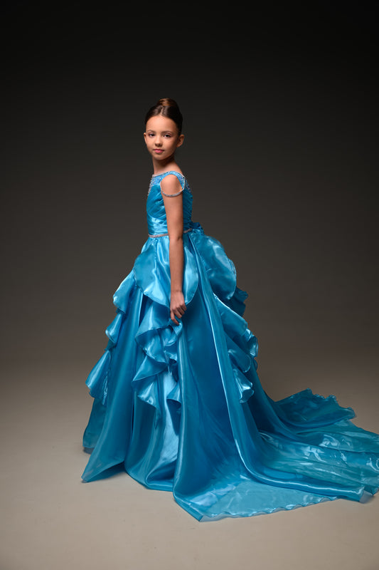 Blue Gala evening gown, Pageant ball gown, Flower Girl Dress, Wedding Guest Dress, Girl Birthday Dress, junior bridesmaid gown