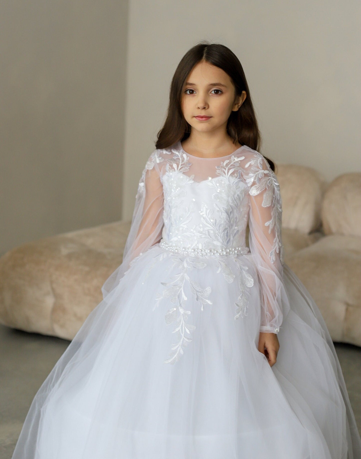 White Lace First Communion dress long puffy sleeve, Flower Girl Dress, wedding guest tulle dress, Baptism gown, Junior Bridesmaid dress