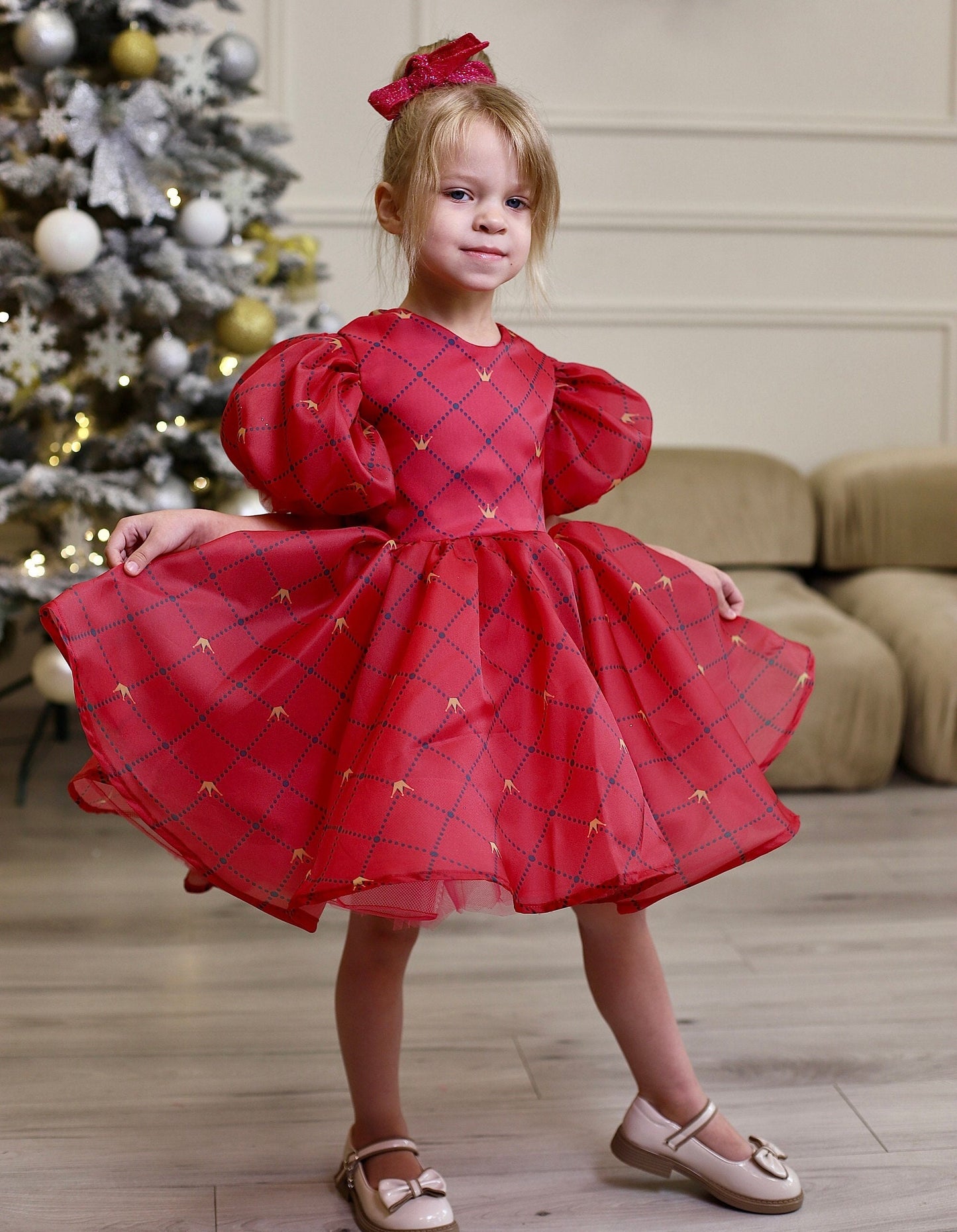 Red Organza Girl Dress, Christmas Photoshoot Toddler Gown, Tutu Girl Dress puffy sleeves, Kids Christmas outfit, special occasion dress