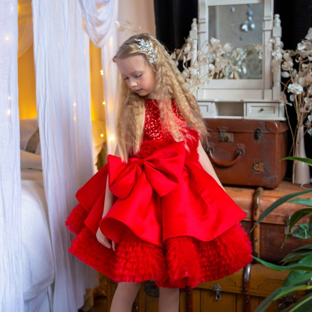 Xmas Red Girl Dress, Christmas Photoshoot Toddler Gown, Tutu Girl sparkly Dress puffy skirt, Christmas dress, special occasion satin dress