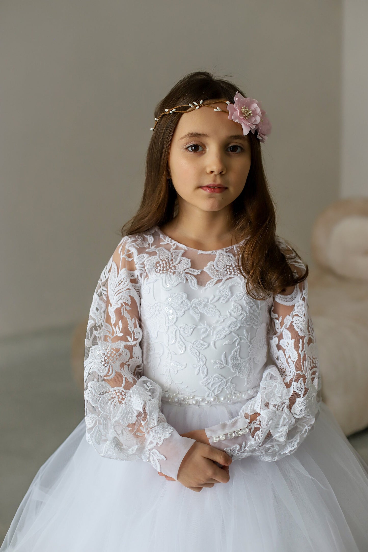 White Lace First Communion dress long puffy sleeve, Flower Girl Dress, wedding guest tulle dress, Baptism gown, Junior Bridesmaid dress