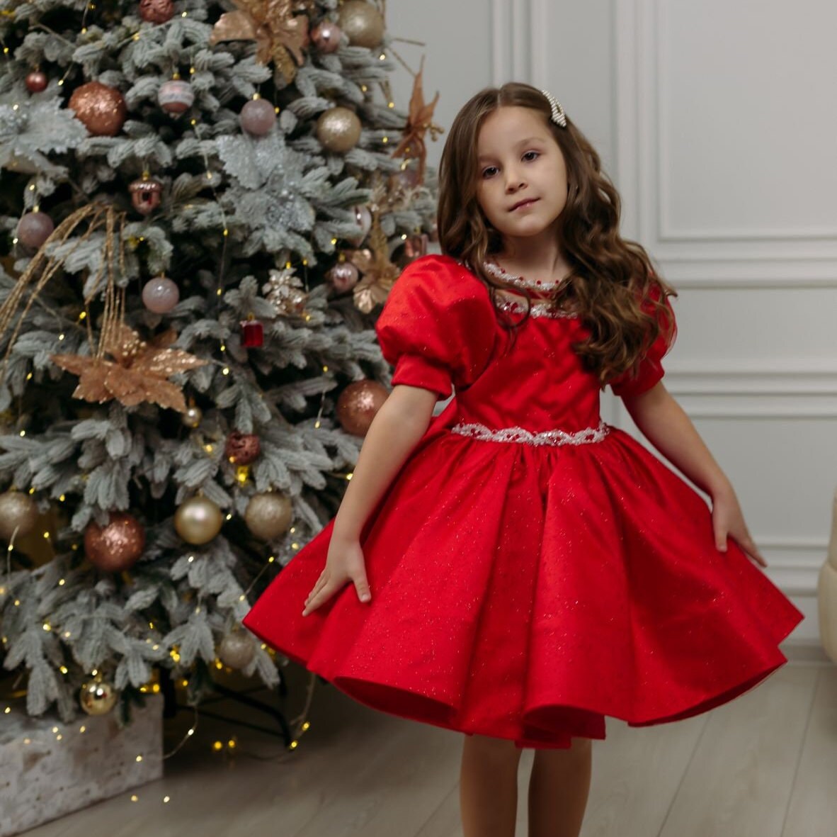 Xmas Red Girl Dress, Christmas Photoshoot Toddler Gown, Tutu Girl Dress puffy sleeves, Kids Christmas outfit, special occasion satin dress