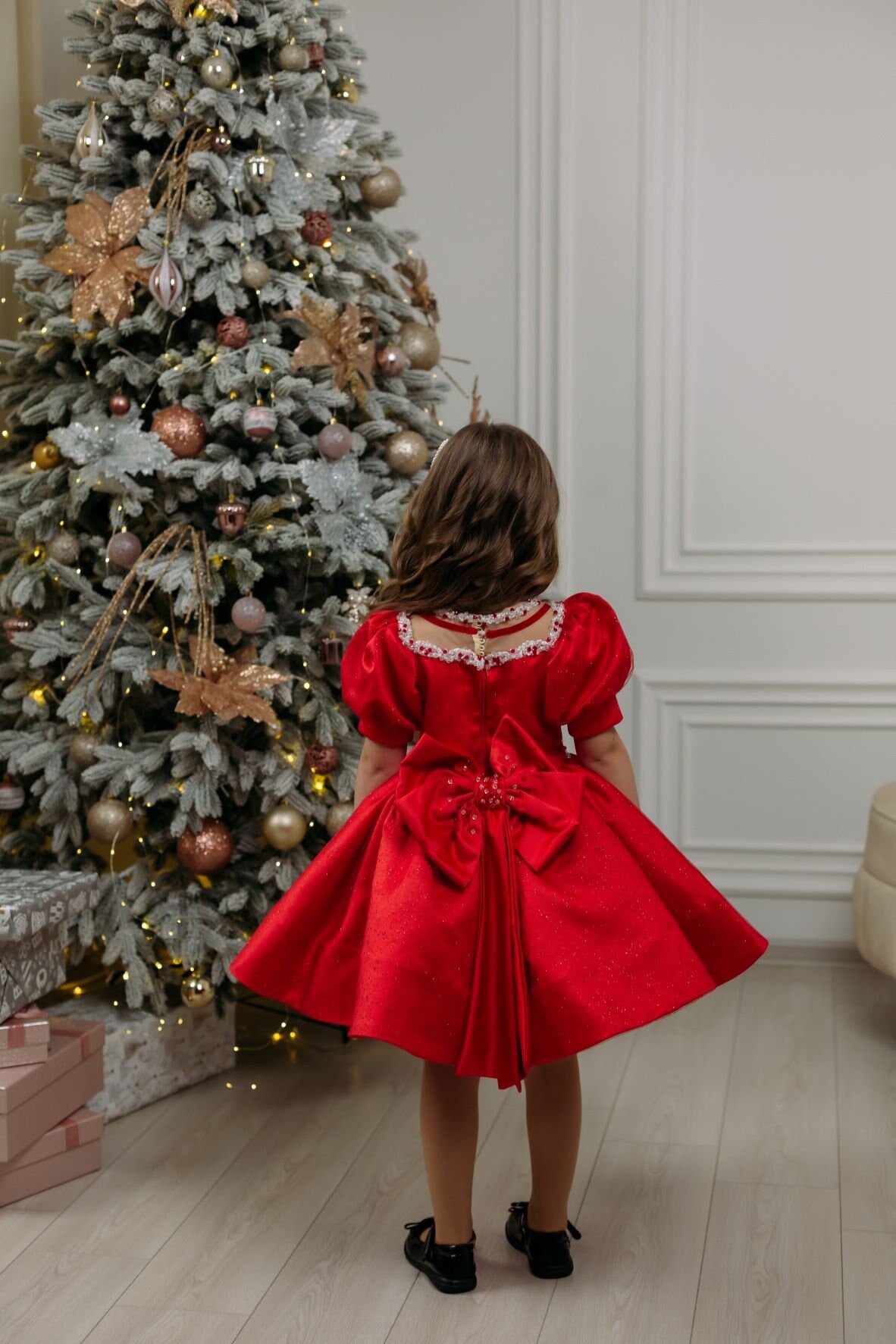 Xmas Red Girl Dress, Christmas Photoshoot Toddler Gown, Tutu Girl Dress puffy sleeves, Kids Christmas outfit, special occasion satin dress