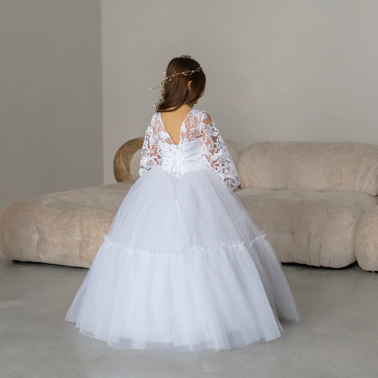 White Lace First Communion dress long puffy sleeve, Flower Girl Dress, wedding guest tulle dress, Baptism gown, Junior Bridesmaid dress