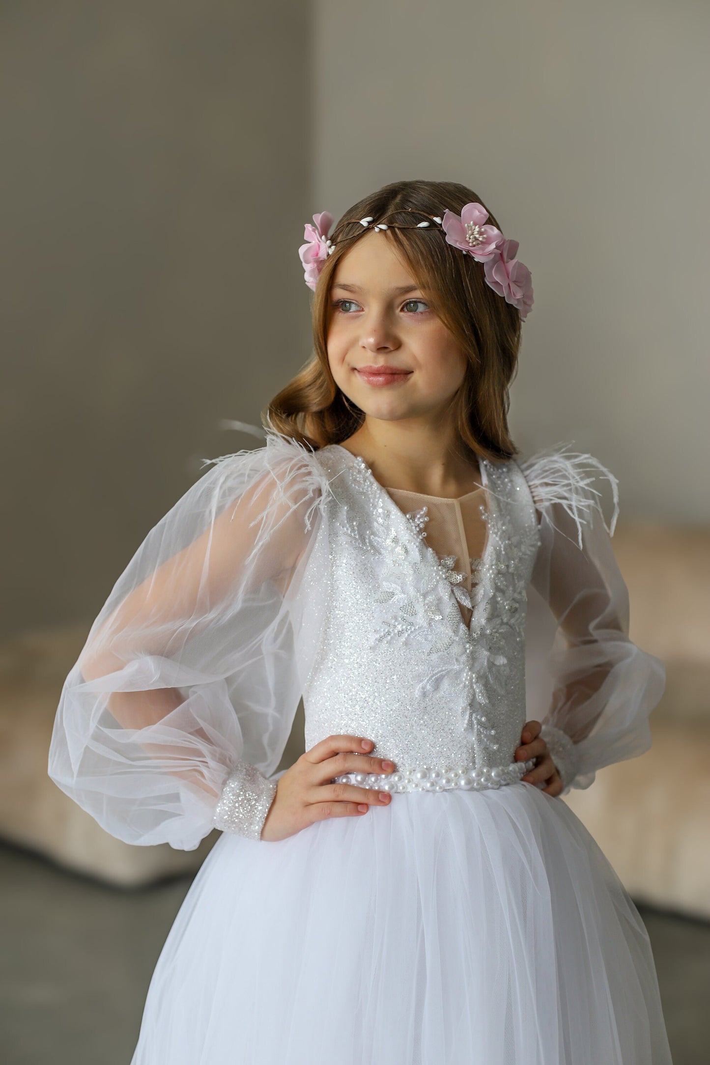 White Lace First Communion dress long puffy sleeve, Flower Girl Dress, wedding guest tulle dress, Baptism gown, Junior Bridesmaid dress