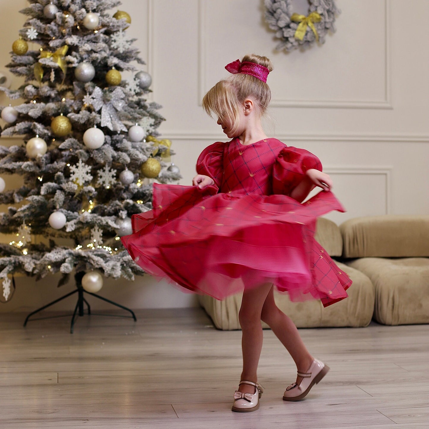 Red Organza Girl Dress, Christmas Photoshoot Toddler Gown, Tutu Girl Dress puffy sleeves, Kids Christmas outfit, special occasion dress