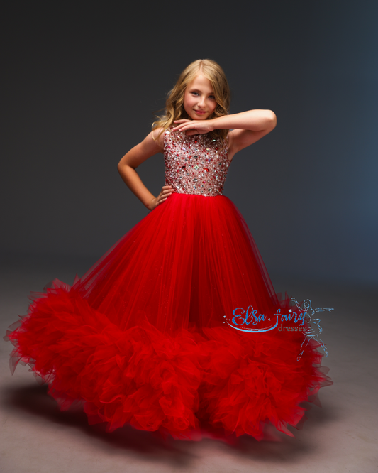 Red pageant girl dress with beaded bodice, flower girl dress, long formal wear, tulle dress, birthday ball gown
