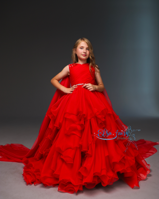 Red pageant chiffon girl dress with beaded shoulders and waist, flower girl dress, long formal wear, organza tulle dress, birthday ball gown