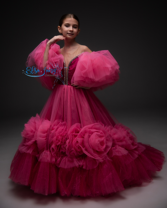 Hot Pink special occasion dress, Pageant ball evening gown, Birthday Girl Dress, Flower Girl Dress, Wedding guest Dress, Girl Birthday Dress, junior bridesmaid gown