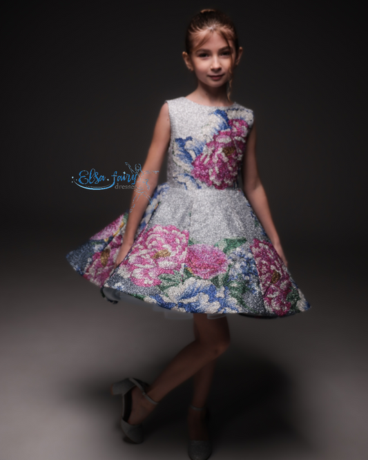 Silver couture special occasion dress, Pageant ball gown, Birthday Girl Dress, Flower Girl Dress, Wedding guest Dress, junior bridesmaid gown