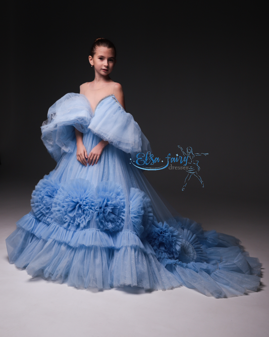 Blue special occasion dress, Pageant ball evening gown, Birthday Girl Dress, Flower Girl Dress, Wedding guest Dress, Girl Birthday Dress, junior bridesmaid gown