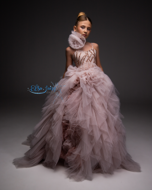 Blush Pink Pageant Ball Gown: Handmade Formal Dress with Detachable Flower Accessory