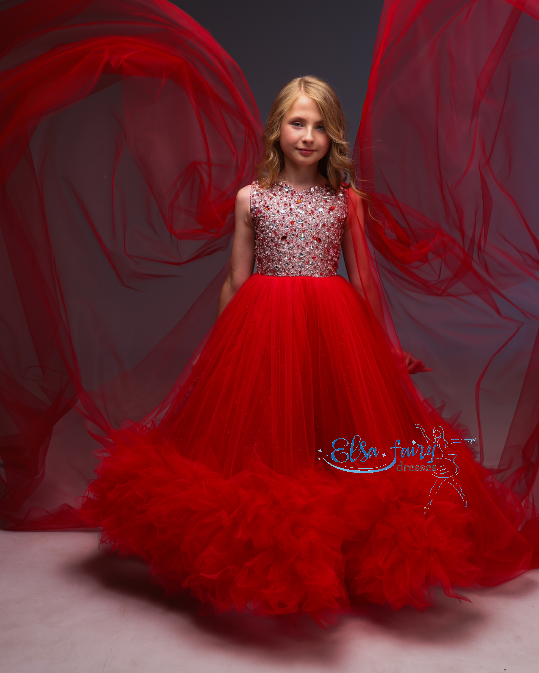Red pageant chiffon girl dress with beaded shoulders and waist, flower girl dress, long formal wear, organza tulle dress, birthday ball gown
