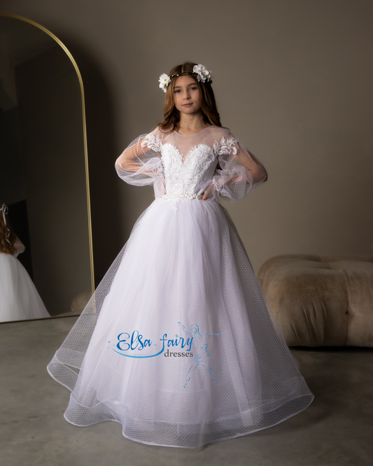 White First Communion & Baptism dress, Flower Girl Dress, wedding guest dress, formal wear, special occasion gown, Junior Bridesmaid dress