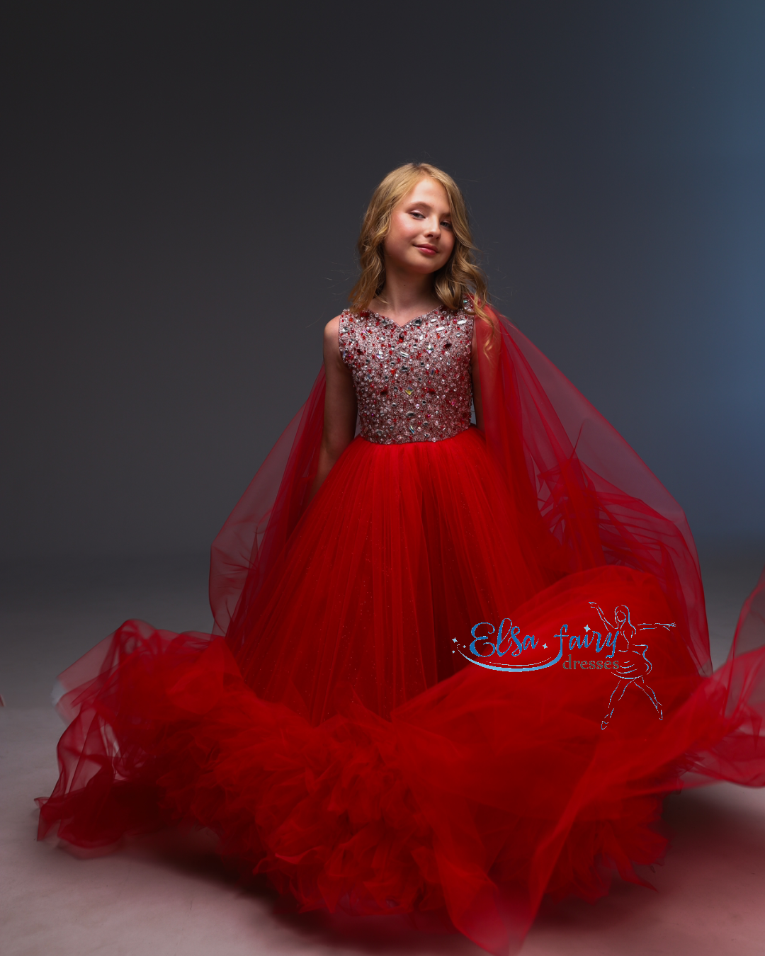 Red pageant chiffon girl dress with beaded shoulders and waist, flower girl dress, long formal wear, organza tulle dress, birthday ball gown