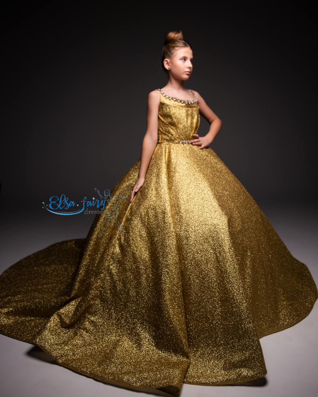 Gold Gala evening gown, Pageant ball gown, Birthday Girl Dress, Wedding Guest Dress