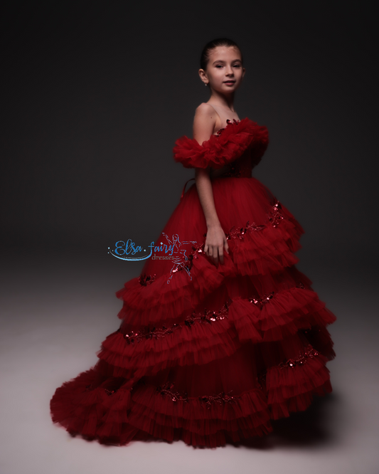 Red Gala evening gown, Pageant ball gown, Birthday Girl Dress, Flower Girl Dress, Wedding guest Dress, junior bridesmaid gown