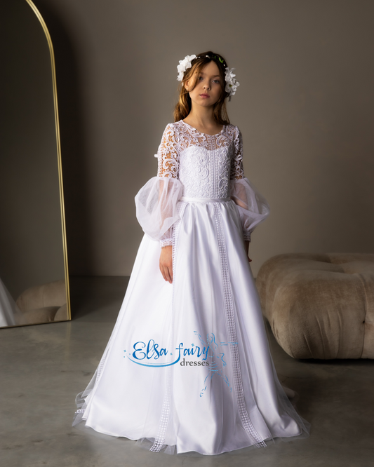 White First Communion & Baptism dress, Flower Girl Dress, wedding guest dress, formal wear, special occasion gown, Junior Bridesmaid dress