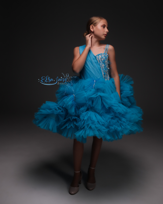 Blue Cocktail Birthday Girl Dress, Flower Girl Dress, Wedding guest Dress, Toddler Dress, Baby frock, junior bridesmaid gown
