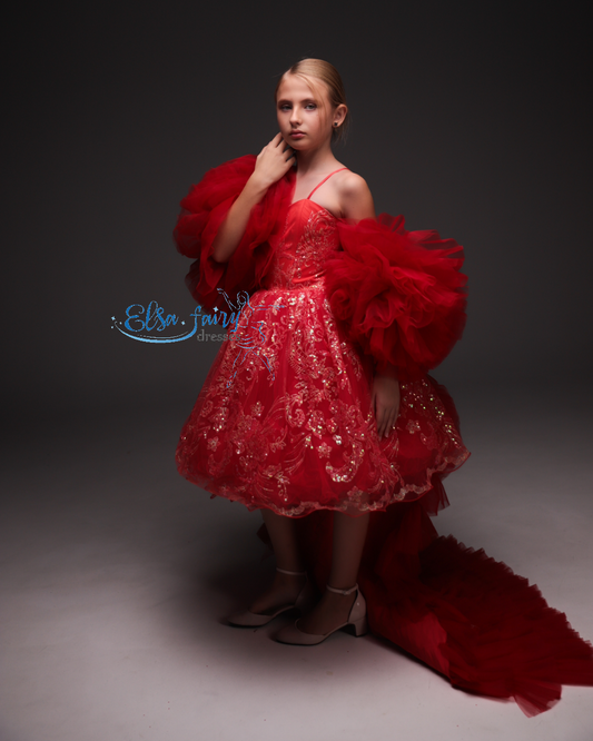 Red Cocktail Birthday Girl Dress with tulle cape, Flower Girl Dress, Wedding guest Dress, Pageant fun fashion interview dress, junior bridesmaid gown