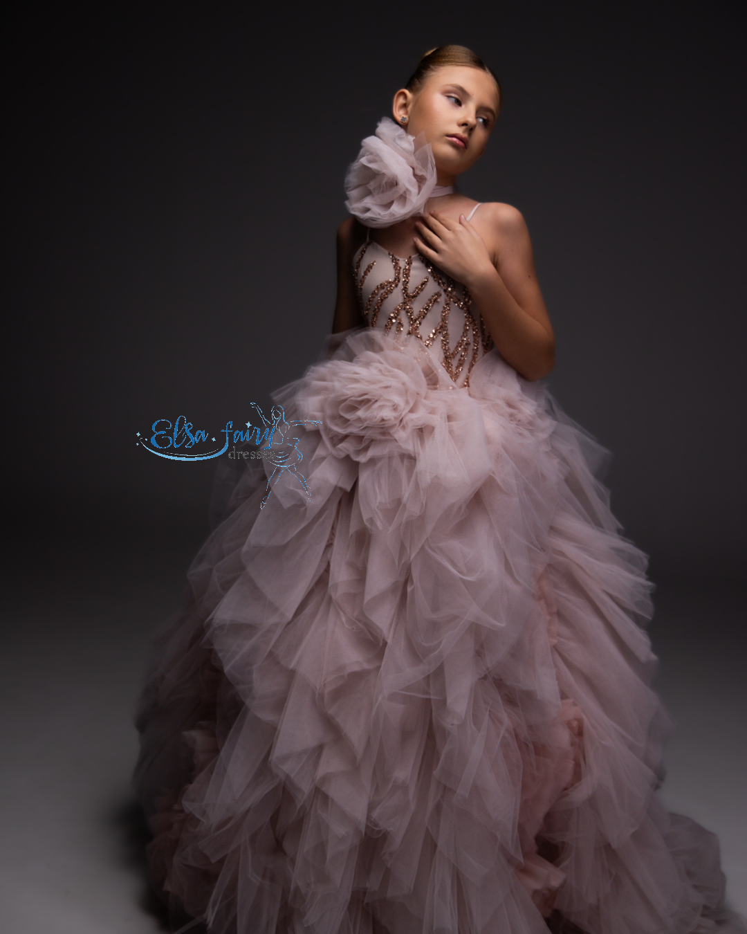 Blush Pink Pageant Ball Gown: Handmade Formal Dress with Detachable Flower Accessory
