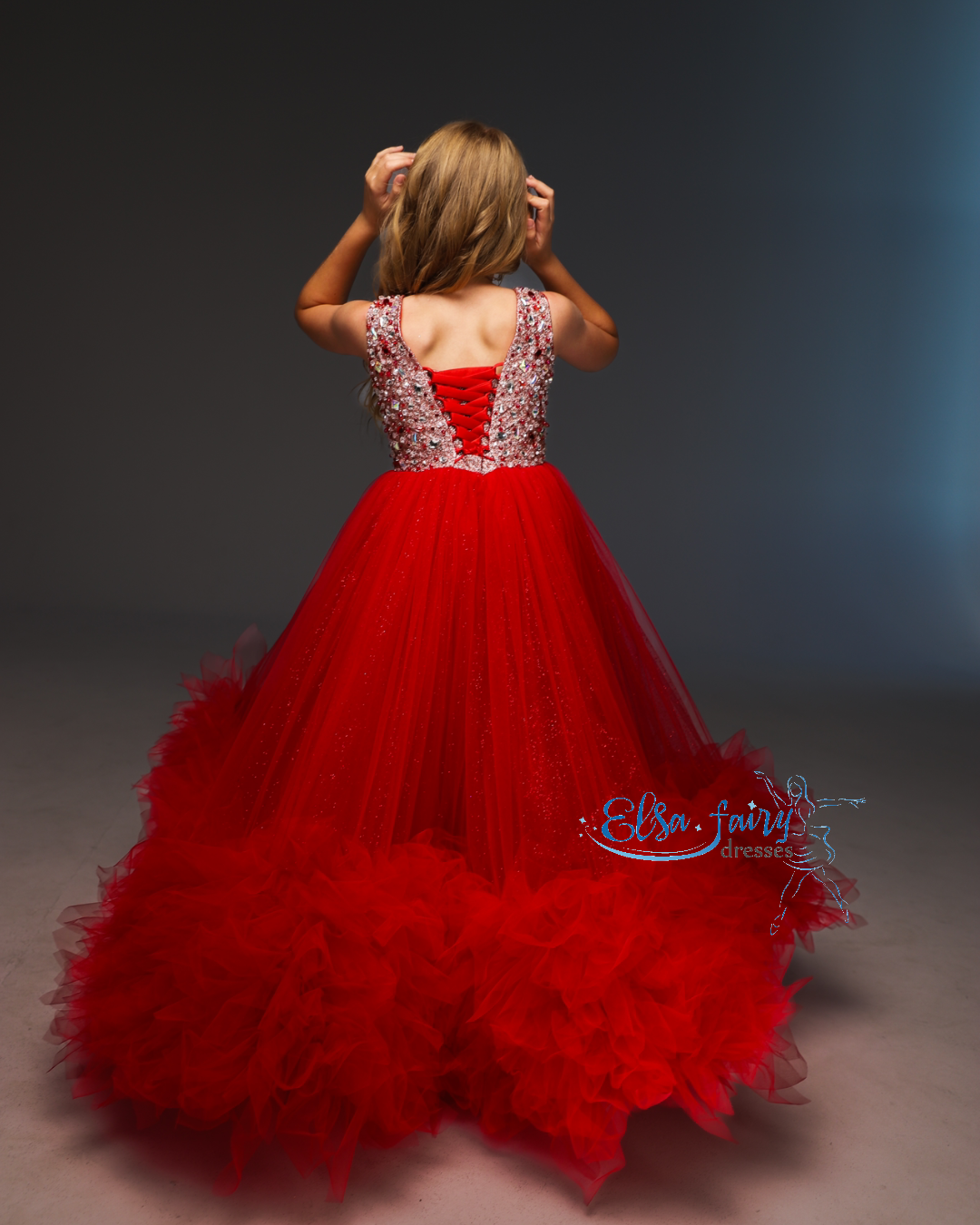 Red pageant chiffon girl dress with beaded shoulders and waist, flower girl dress, long formal wear, organza tulle dress, birthday ball gown